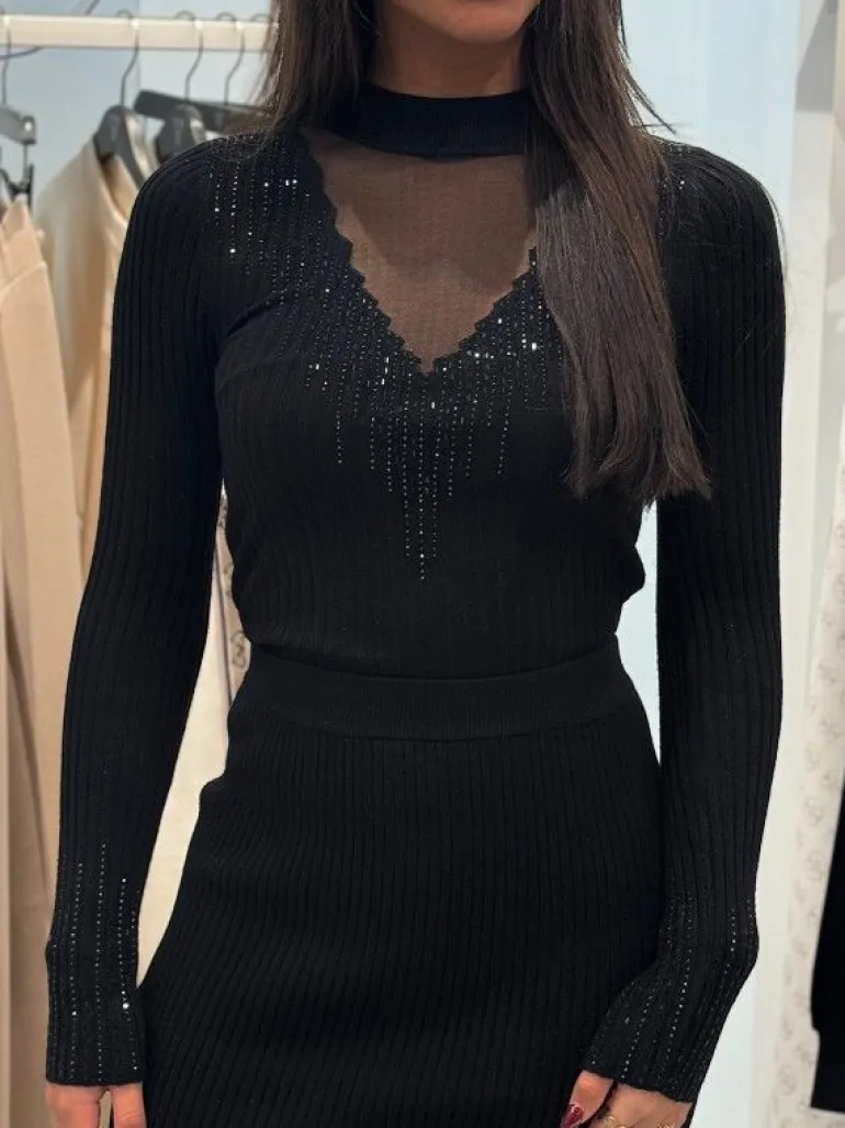 Guess - Alice Rhinestones Tn Ls Swtr - Zwart