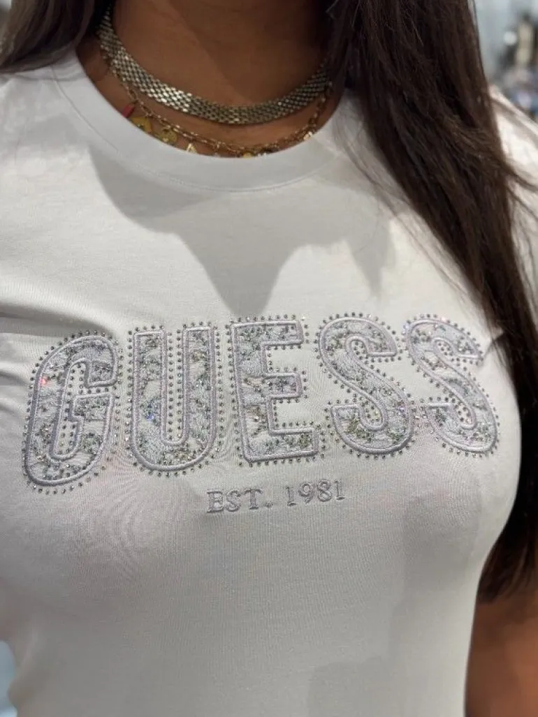 Guess - Cn Ss Logo Lace Tee - Wit