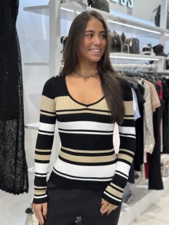 Guess - Evie Striped Vn Ls Swtr - Zwart