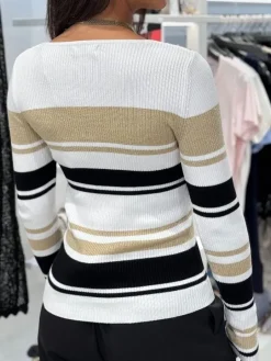 Guess - Evie Striped Vn Ls Swtr - Wit
