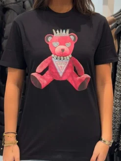Guess - Ss Pink Bear New Crew Tee - Zwart