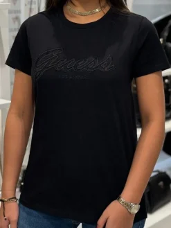 Guess - Ss Script Lace Logo Easy Tee - Zwart